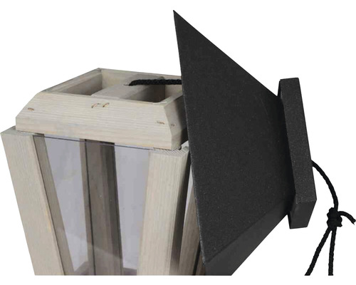 Dekorative Holzlaterne mit Glasscheiben und zu öffnendem Dach