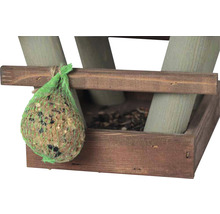 Boule de nourriture pour oiseaux dans un filet vert sur une mangeoire en bois