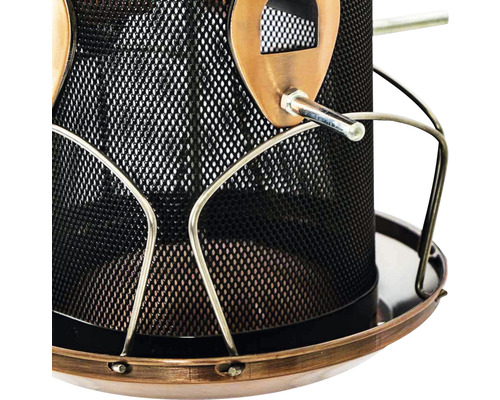 Vue détaillée d''une station d''alimentation pour oiseaux en treillis métallique avec plateau d''alimentation