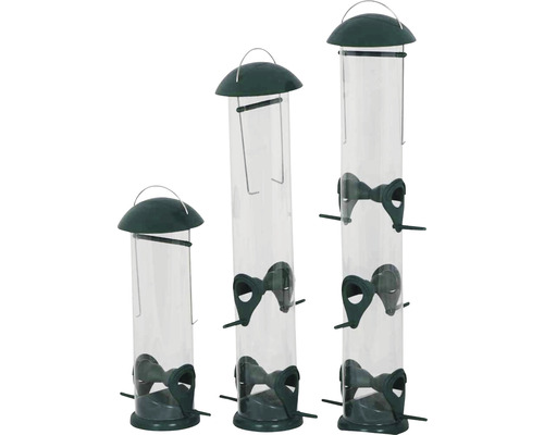 Trois distributeurs de nourriture pour oiseaux en plastique de différentes tailles