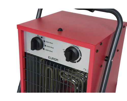 Gros plan d''un radiateur électrique rouge avec deux boutons rotatifs pour le réglage de la puissance.