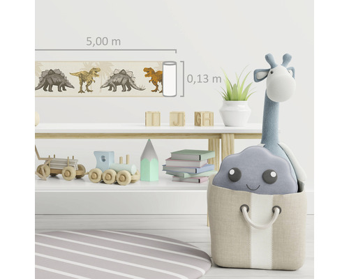 Chambre d''enfant avec bordure de dinosaures, longueur 5 mètres, hauteur 0,13 mètre, et jouets