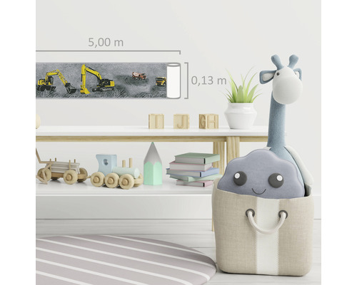 Chambre d''enfant avec bordure véhicules de chantier, jouets et tapis rond