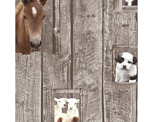 Papier peint avec planches de bois et motifs de chevaux, d''agneaux et de chiens