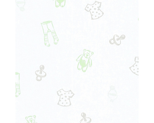Tapete mit Kindermotiven wie Teddybären, Schnullern und Kleidchen