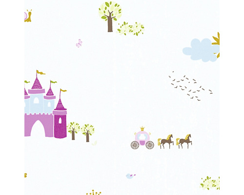 Tapete mit Märchenmotiven wie Schloss, Kutsche und Bäumen