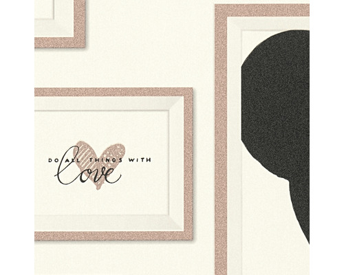 Nahaufnahme von gerahmten Bildern mit den Aufschriften ''Do all things with Love'' und einer abstrakten Darstellung