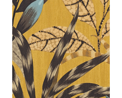Tapete mit Blättermuster auf gelbem Grund