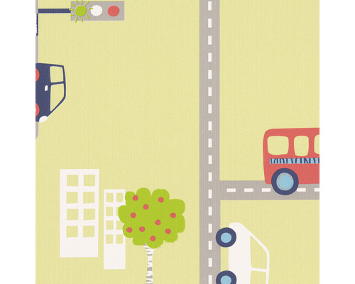 Tapete mit kindlichem Stadtmotiv, inklusive Straßen, Ampeln, Bussen und Gebäuden