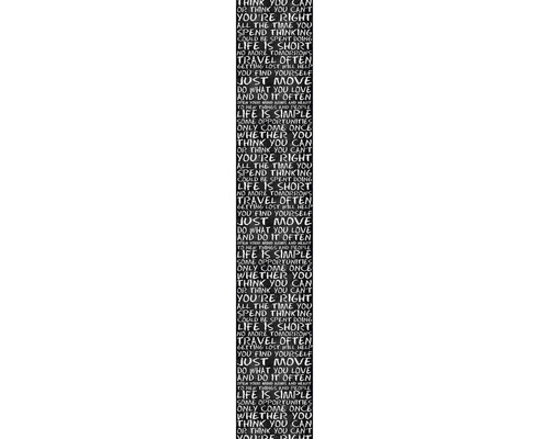 Tapetenbordüre mit verschiedenen weißen Schriftzügen auf dunklem Hintergrund