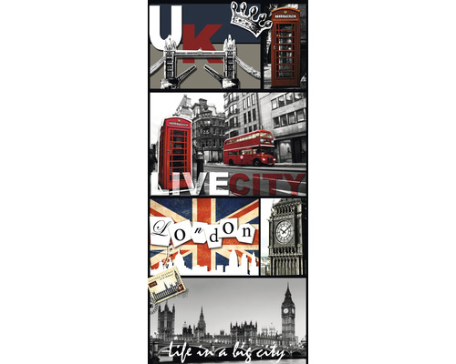 Collage mit London Motiven: Tower Bridge, Telefonzelle, Bus, Big Ben und Union Jack Flagge