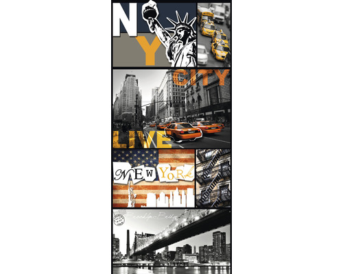 Collage avec des motifs de New York, notamment la Statue de la Liberté et le pont de Brooklyn