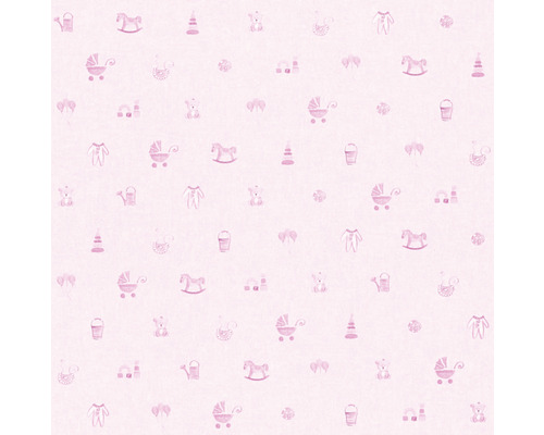 Tapete mit Baby Motiven wie Kinderwagen, Teddy und Spielzeug