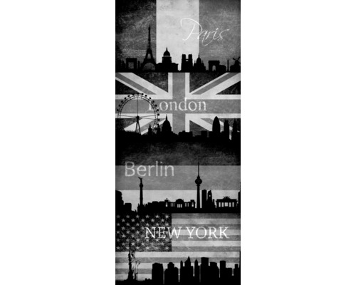 Image décorative avec les silhouettes de Paris, Londres, Berlin et New York devant des drapeaux