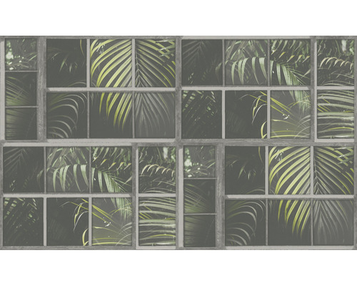 Tapete mit Fensterdesign und tropischen Pflanzenmotiven