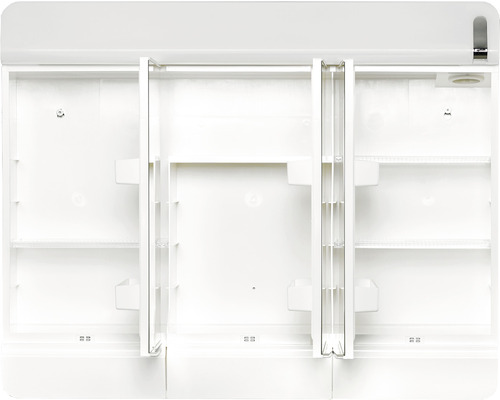 Armoire de toilette blanche ouverte avec étagères pour ranger les accessoires de salle de bain