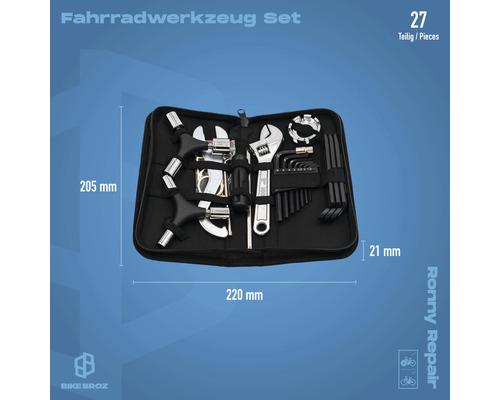 Fahrradwerkzeugset mit 27 Teilen in schwarzer Tasche