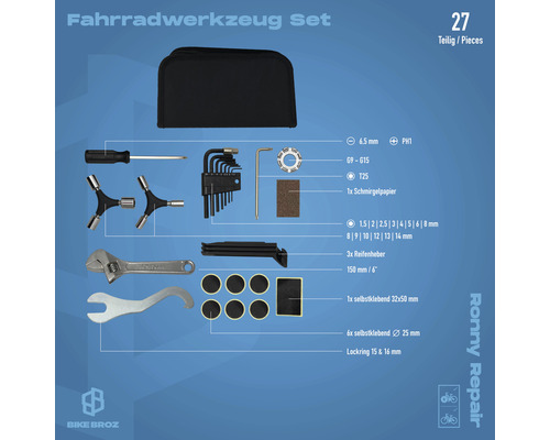 Fahrradwerkzeug Set mit Schraubendrehern, Inbusschlüsseln, Reifenhebern, Schleifpapier und selbstklebenden Flicken in einer Tasche