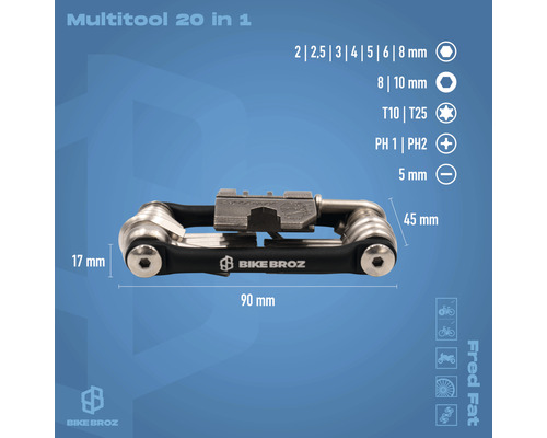 Multitool mit 20 Funktionen und Größenangaben