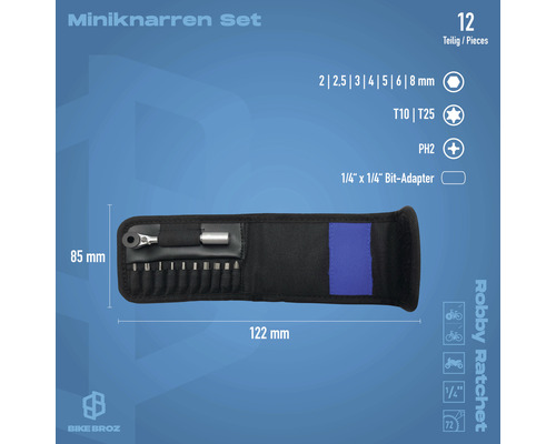 Miniknarren Set mit 12 Teilen inklusive Ratschenschlüssel, Bits und Adapter in einer Aufbewahrungstasche