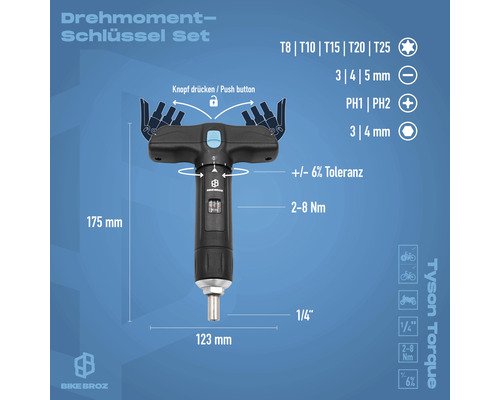 Drehmomentschlüssel Set mit einer Länge von 175 mm und einer Toleranz von plus minus 6 Prozent