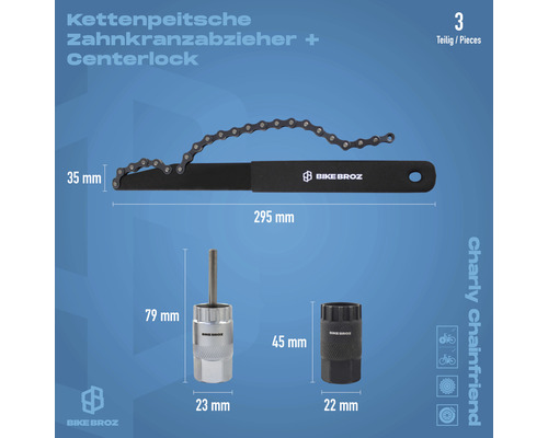 Fahrradwerkzeug Set, bestehend aus Kettenpeitsche, Zahnkranzabzieher und Centerlock