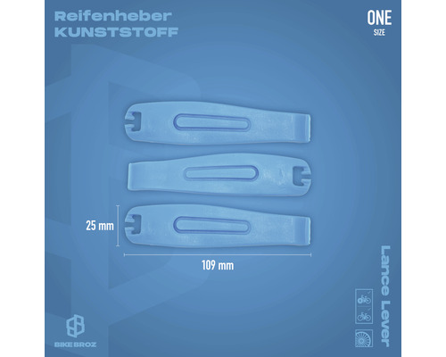 Drei Reifenheber aus Kunststoff, je 109 mm lang und 25 mm breit.