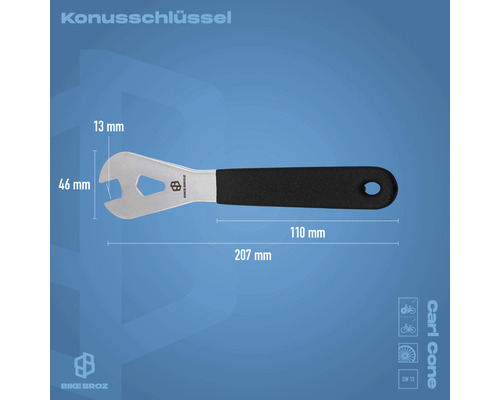 Konusschlüssel mit 13 Millimeter Maulweite und schwarzem Griff