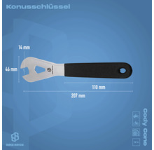 Konusschlüssel mit den Maßen 207 mm Länge, 46 mm Kopfhöhe und 14 mm Maulweite