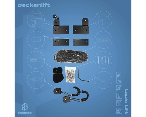 Komponenten für einen Deckenlift zur Aufbewahrung von Fahrrädern