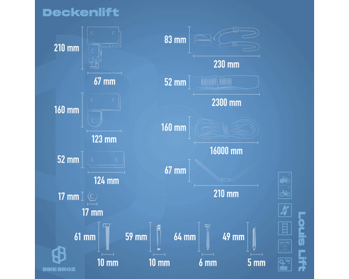Abmessungen des Deckenlifts und zugehöriger Komponenten