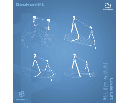 Darstellung einer Deckenlift-Montage für Fahrrad, Kanu, Kajak und Bretter