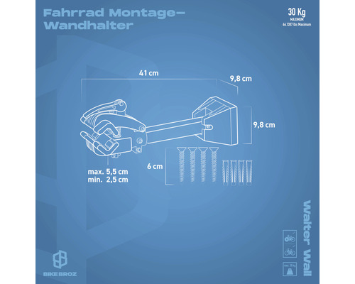 Fahrrad Montage Wandhalter mit Maßangaben und Befestigungsmaterial.