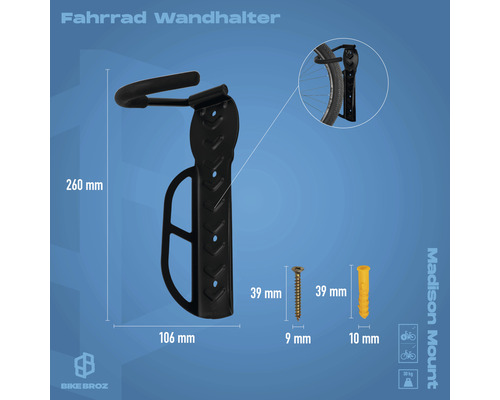 Fahrrad Wandhalter mit Maßen und Befestigungsmaterial