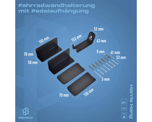 Fahrrad Wandhalterung mit Pedalaufhängung, inklusive Befestigungsmaterial und Maßangaben
