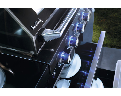 Vue détaillée d''un barbecue à gaz Buschbeck avec éléments de commande et espace de rangement