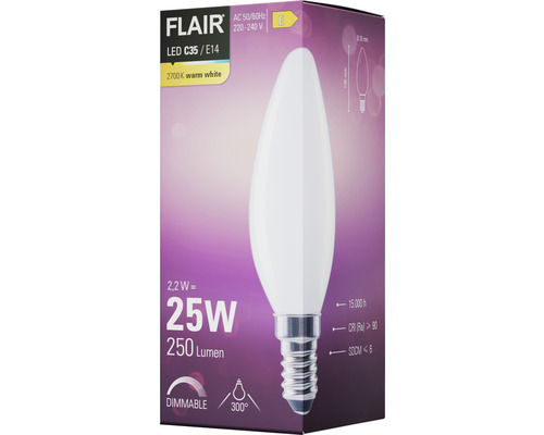 FLAIR LED Lampe C35 E14, 2,2 Watt, 250 Lumen, 2700 Kelvin, warmweiß, dimmbar