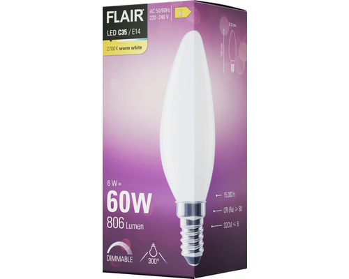 Flair LED Lampe C35 E14, 6 Watt, entspricht 60 Watt, 806 Lumen, 2700 Kelvin warmweiß, dimmbar