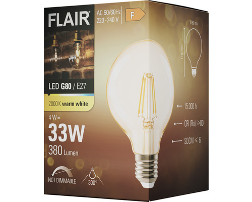 Verpackung einer Flair LED Lampe G80 mit E27 Fassung, 4 Watt Leistung, 33 Watt Entsprechung, 380 Lumen, nicht dimmbar
