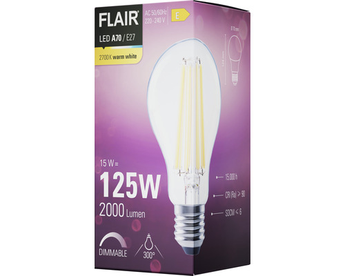 Emballage d''une lampe LED Flair A70 E27 à intensité variable avec 2700 Kelvin et 2000 lumens