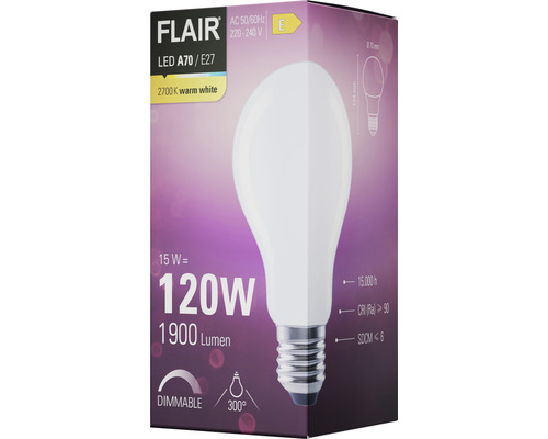 Emballage d''une ampoule LED Flair A70/E27 à intensité variable de 120 watts et 1900 lumens