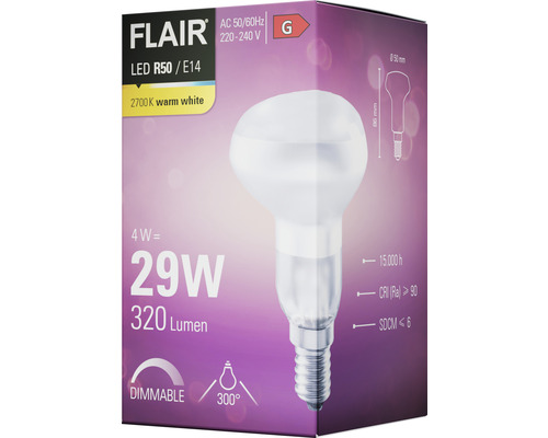 Verpackung einer Flair LED R50/E14 Lampe mit 2700 Kelvin warmweiß