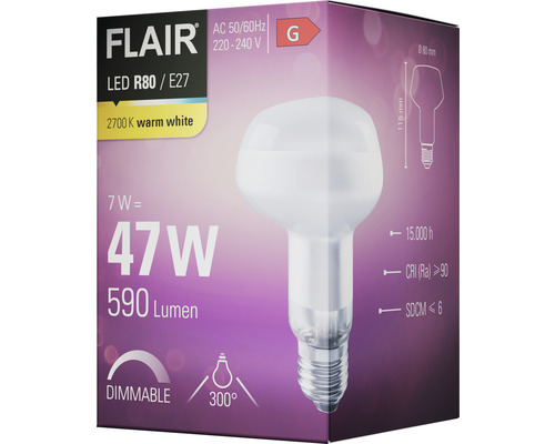 Emballage d''une lampe LED Flair R80 E27 à intensité variable d''une puissance de 7 watts, équivalant à 47 watts
