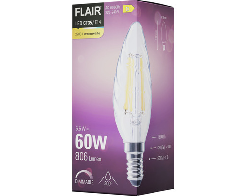 Emballage d''une ampoule LED Flair CT35 E14 dimmable de 5,5 watts, équivalant à 60 watts, et 806 lumens