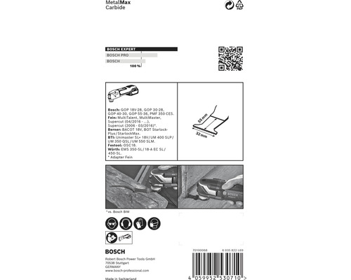 Informations sur la lame de scie Bosch MetalMax Carbide avec dimensions et exemples d''application