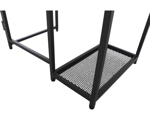 Vue détaillée d''un bureau avec cadre en métal noir et grille de rangement.