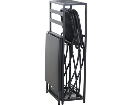 Chaises pliantes avec table et cadre de rangement.