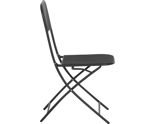 Chaise pliante noire en métal, vue de côté.