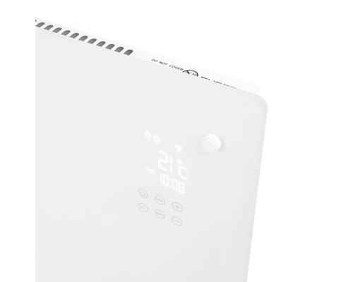 Vue détaillée d''un radiateur blanc avec affichage numérique et éléments de commande