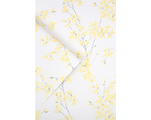 Tapete mit floralem Muster, Zweigen und gelben Blüten